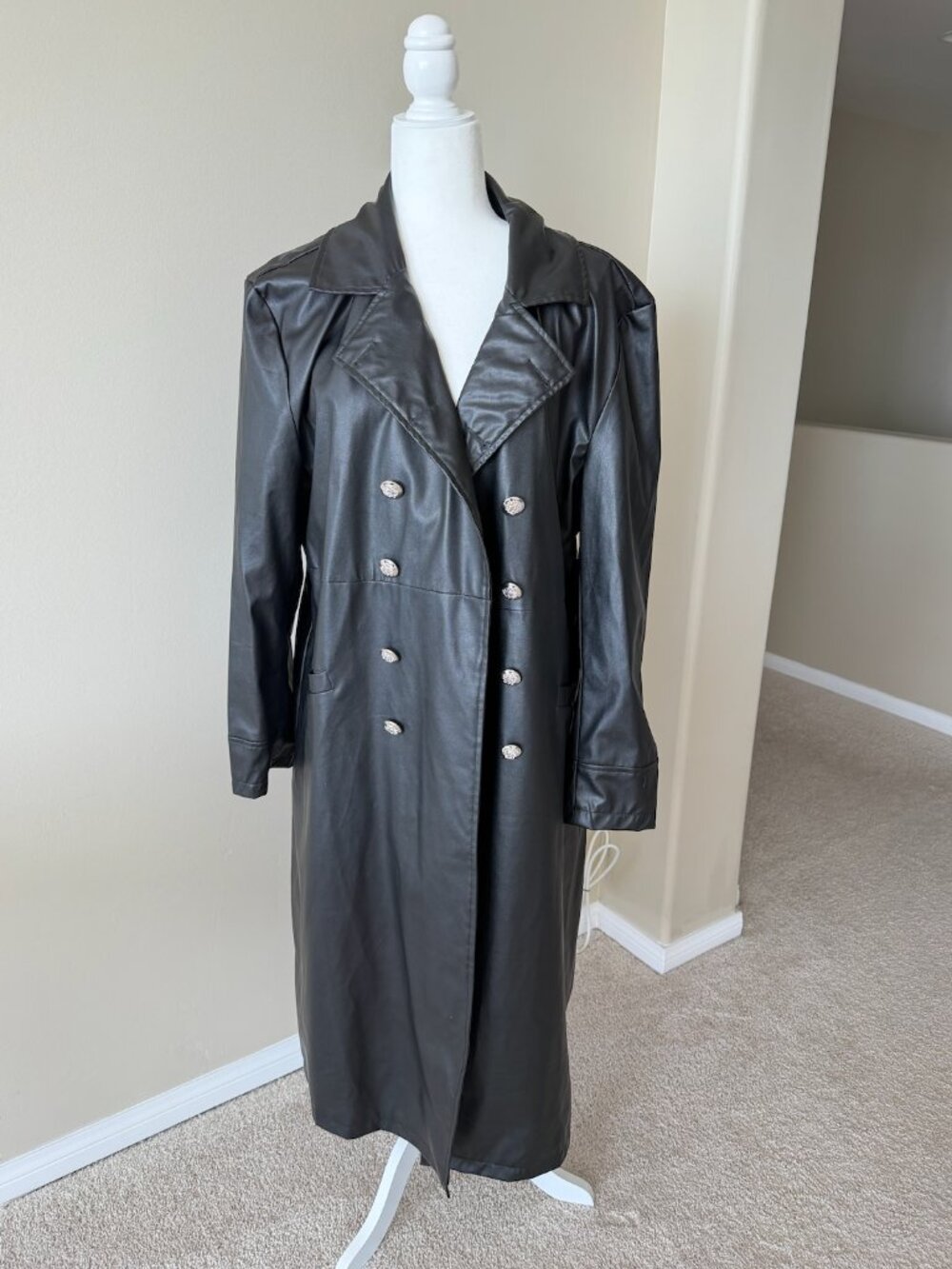 Unisex Faux Leather Trench Coat, Black